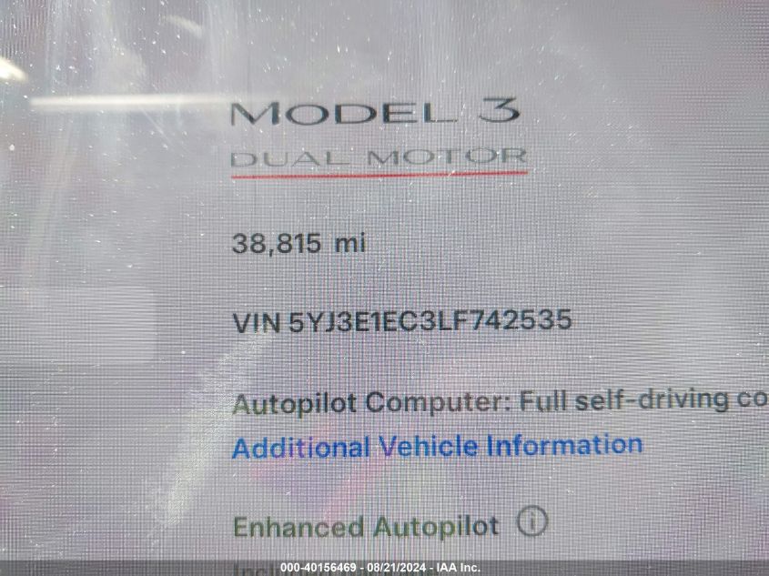 2020 Tesla Model 3 VIN: 5YJ3E1EC3LF742535 Lot: 40156469