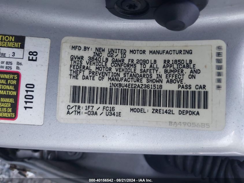 2010 Toyota Corolla Le VIN: 1NXBU4EE2AZ361518 Lot: 40156542