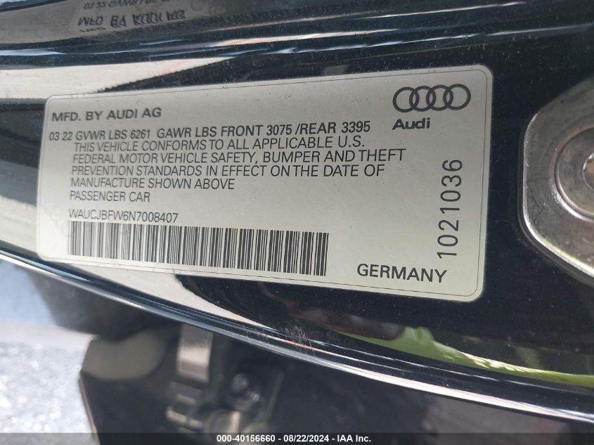 2022 Audi E-Tron Gt Premium Plus Quattro VIN: WAUCJBFW6N7008407 Lot: 40156660