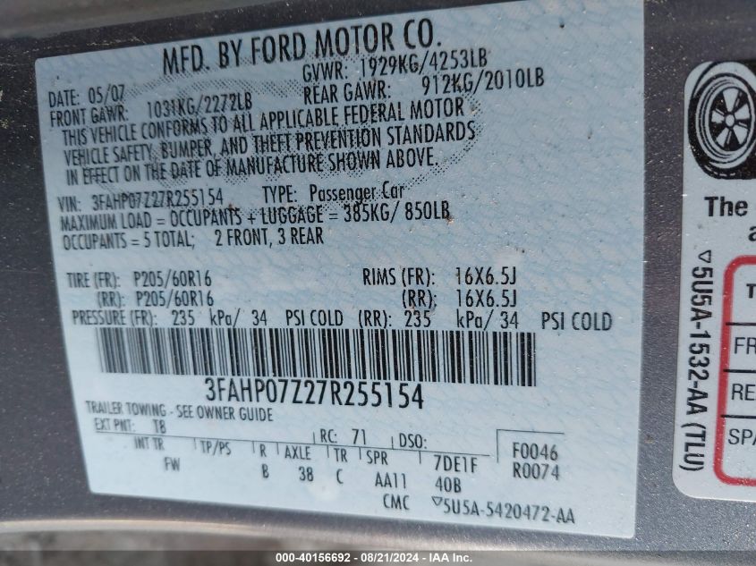 2007 Ford Fusion Se VIN: 3FAHP07Z27R255154 Lot: 40156692