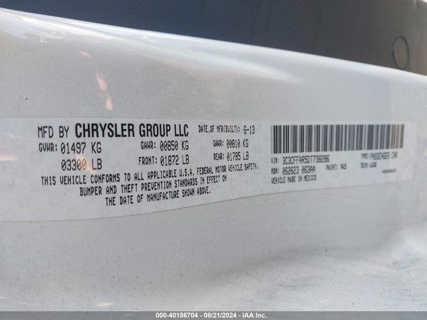 2013 Fiat 500 Pop VIN: 3C3CFFAR5DT738286 Lot: 40156704