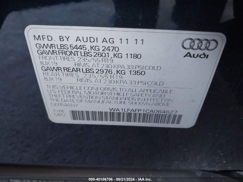 2012 Audi Q5 Premium Plus VIN: WA1LFAFP1CA064627 Lot: 40156706