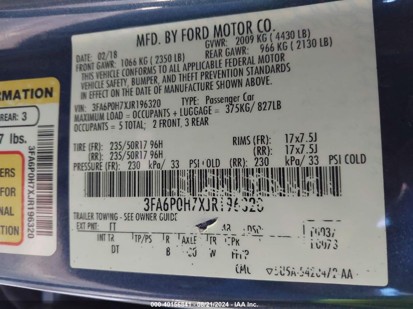 2018 Ford Fusion Se VIN: 3FA6P0H7XJR196320 Lot: 40156841