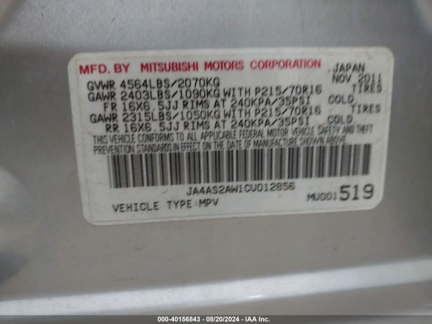 2012 Mitsubishi Outlander Es VIN: JA4AS2AW1CU012856 Lot: 40156843