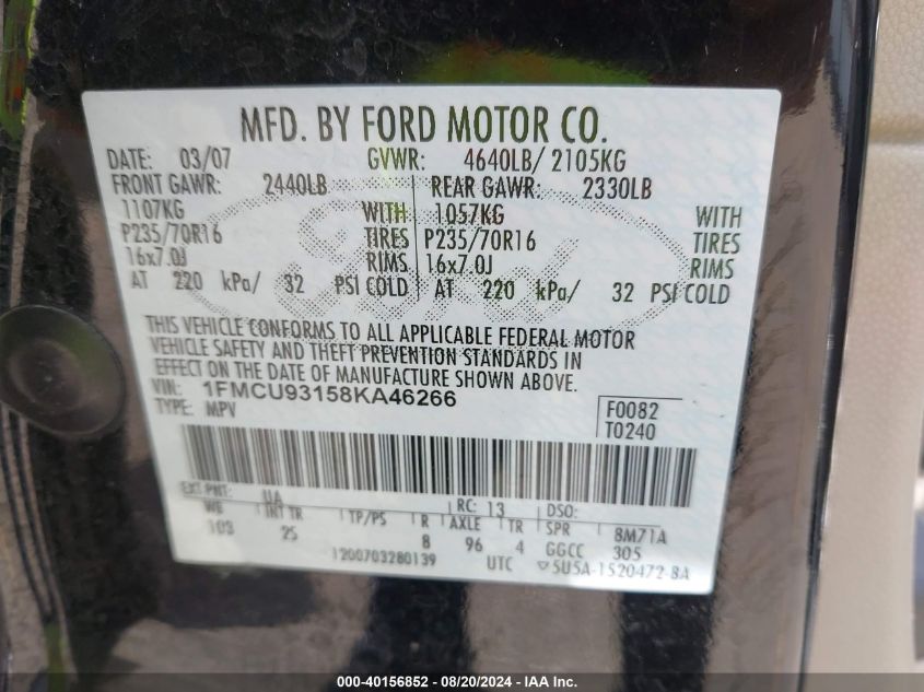 2008 Ford Escape Xlt VIN: 1FMCU93158KA46266 Lot: 40156852