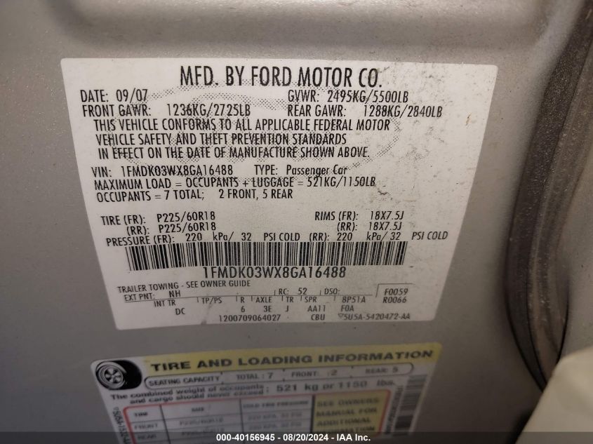 1FMDK03WX8GA16488 2008 Ford Taurus X Limited