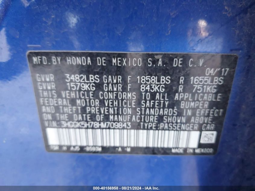 VIN 3HGGK5H78HM709843 2017 HONDA FIT EX