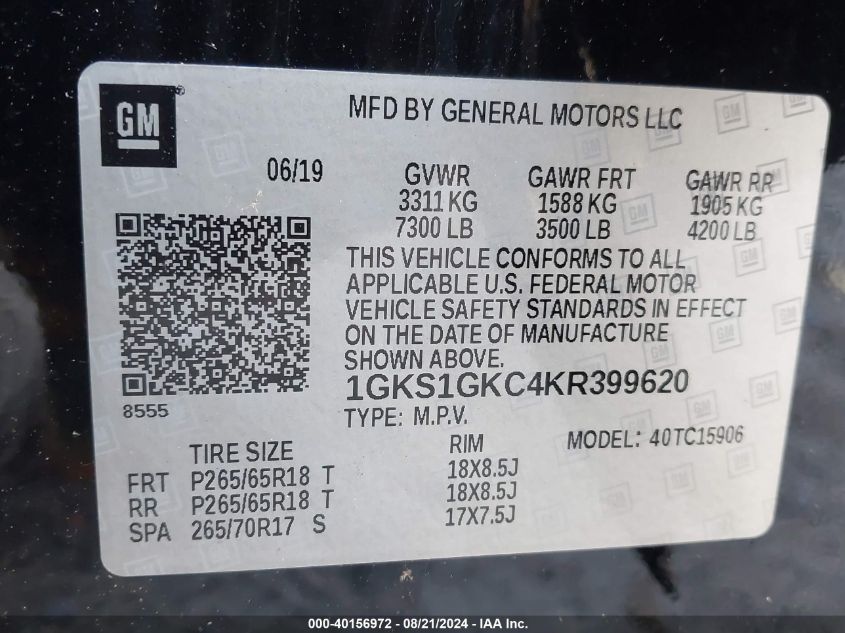 1GKS1GKC4KR399620 2019 GMC Yukon Xl C1500 Slt