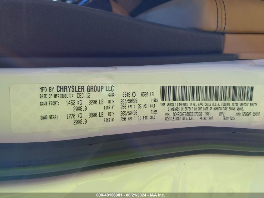 2013 Dodge Durango Citadel VIN: 1C4RDHEG0DC617368 Lot: 40156981