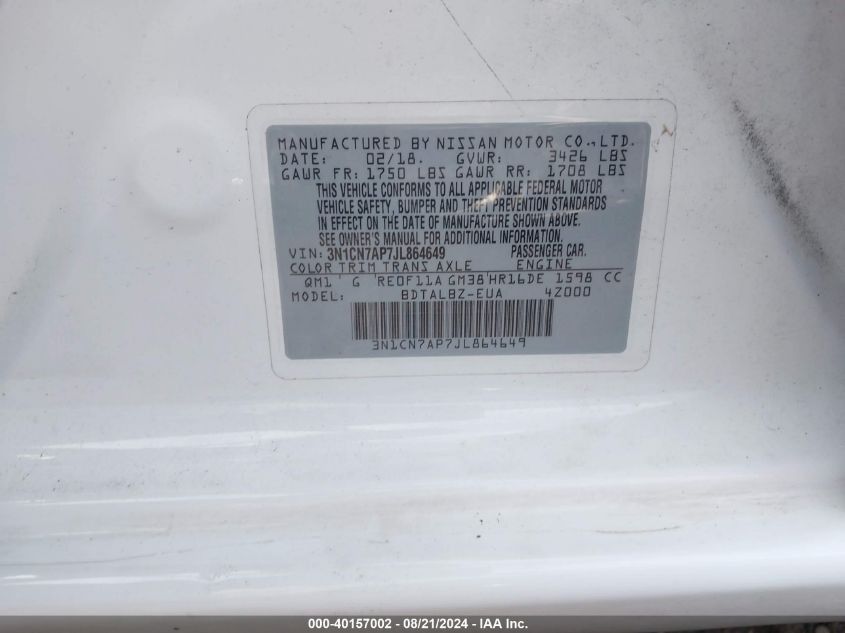 3N1CN7AP7JL864649 2018 Nissan Versa S/S Plus/Sv/Sl