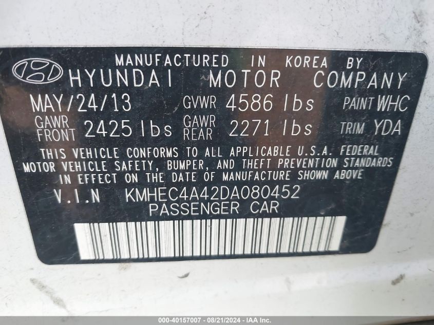 2013 Hyundai Sonata Hybrid Hybrid VIN: KMHEC4A42DA080452 Lot: 40157007