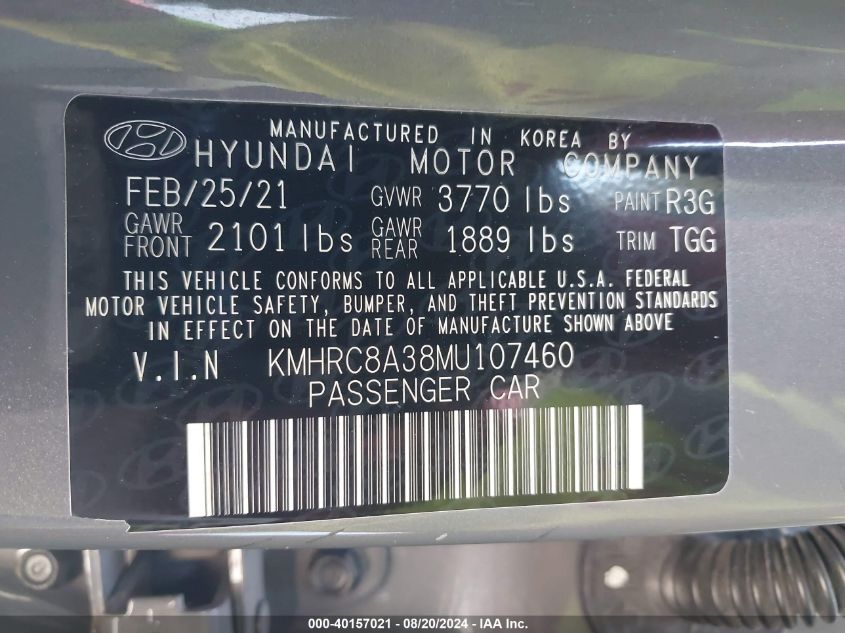 2021 Hyundai Venue Sel/Denim VIN: KMHRC8A38MU107460 Lot: 40157021