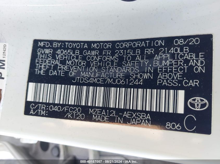 2021 TOYOTA COROLLA SE - JTDS4MCE7MJ061244