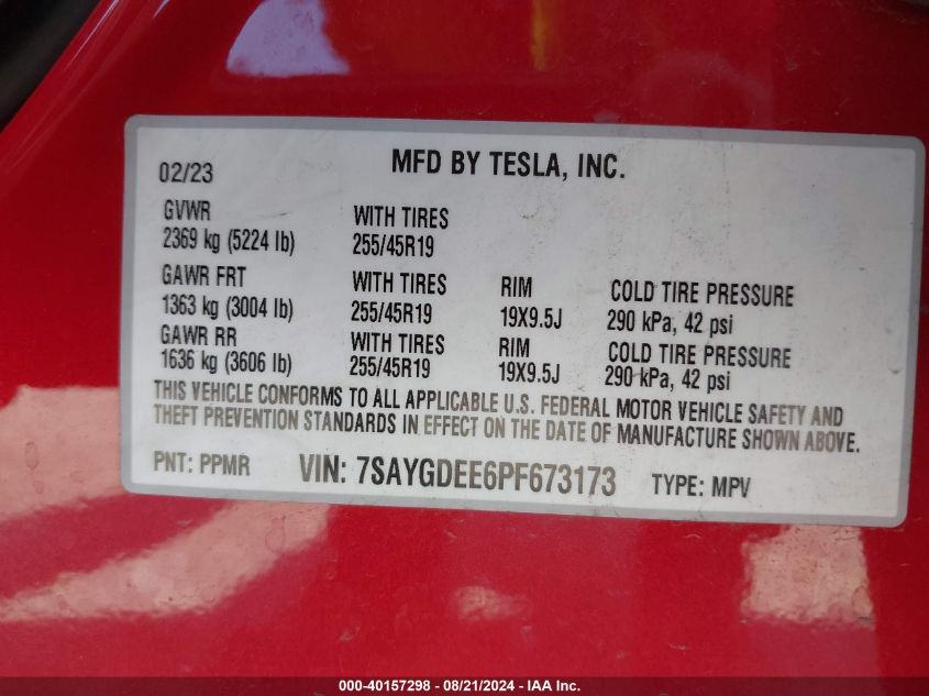 2023 Tesla Model Y VIN: 7SAYGDEE6PF673173 Lot: 40157298