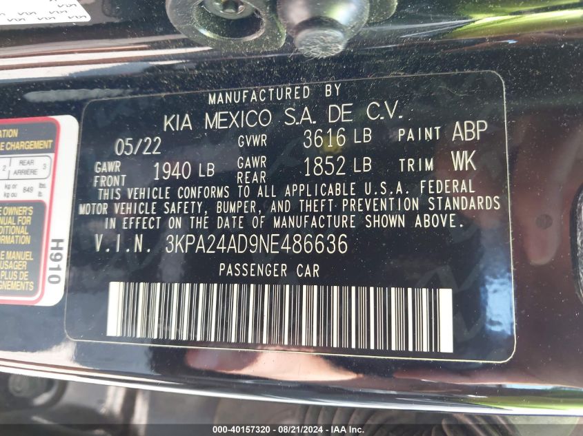 VIN 3KPA24AD9NE486636 2022 KIA RIO LX