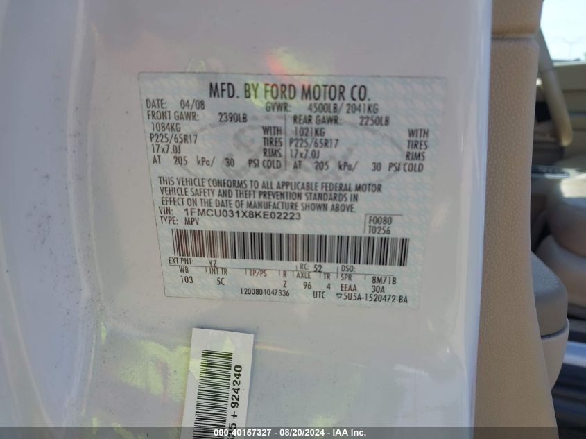 2008 Ford Escape Xlt VIN: 1FMCU031X8KE02223 Lot: 40157327