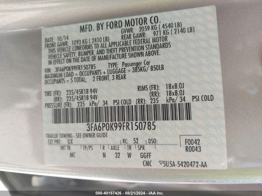 2015 FORD FUSION TITANIUM - 3FA6P0K99FR150785