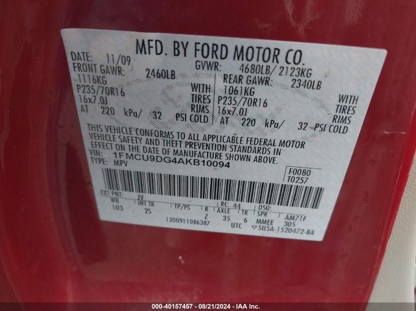 2010 Ford Escape Xlt VIN: 1FMCU9DG4AKB10094 Lot: 40157457