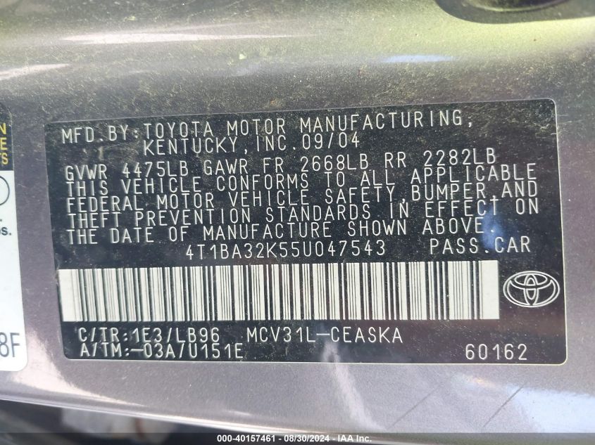 4T1BA32K55U047543 2005 Toyota Camry Se V6