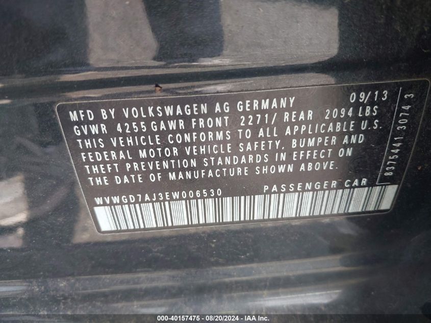 2014 Volkswagen Gti Wolfsburg Edition VIN: WVWGD7AJ3EW006530 Lot: 40157475