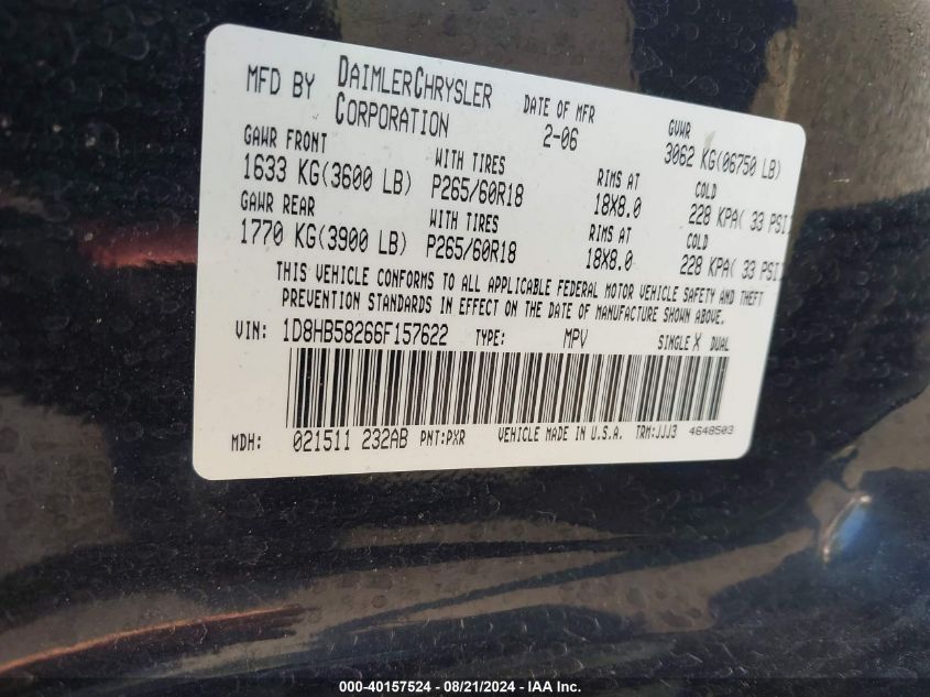 2006 Dodge Durango Limited VIN: 1D8HB58266F157622 Lot: 40157524