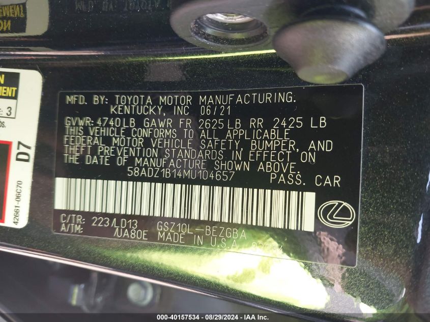 58ADZ1B14MU104657 2021 Lexus Es 350