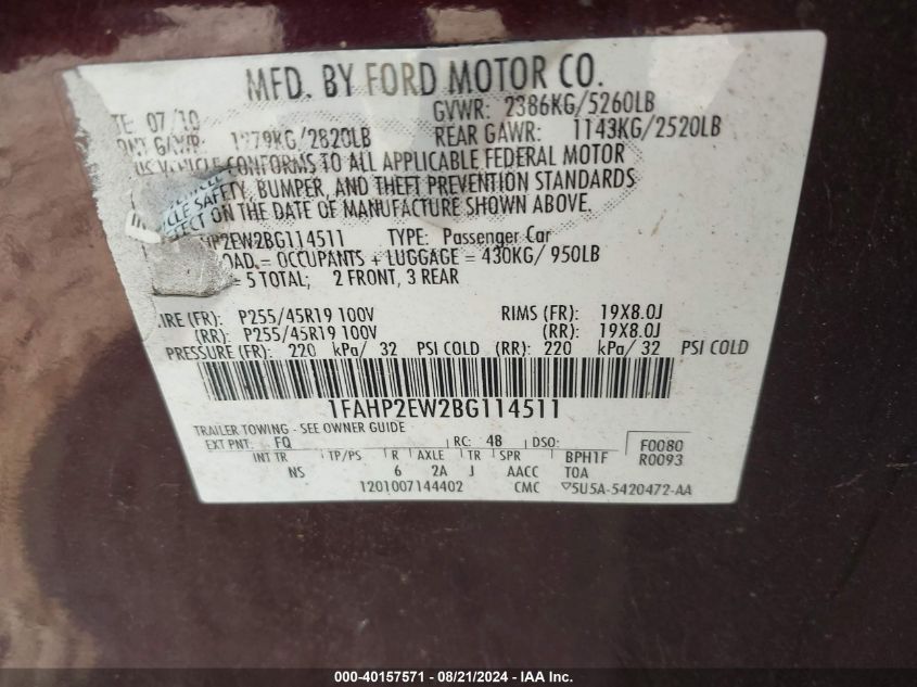 1FAHP2EW2BG114511 2011 Ford Taurus Sel