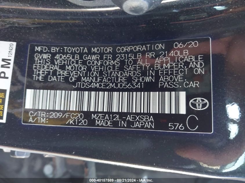 2021 Toyota Corolla Se/Night Shade VIN: JTDS4MCE2MJ056341 Lot: 40157589