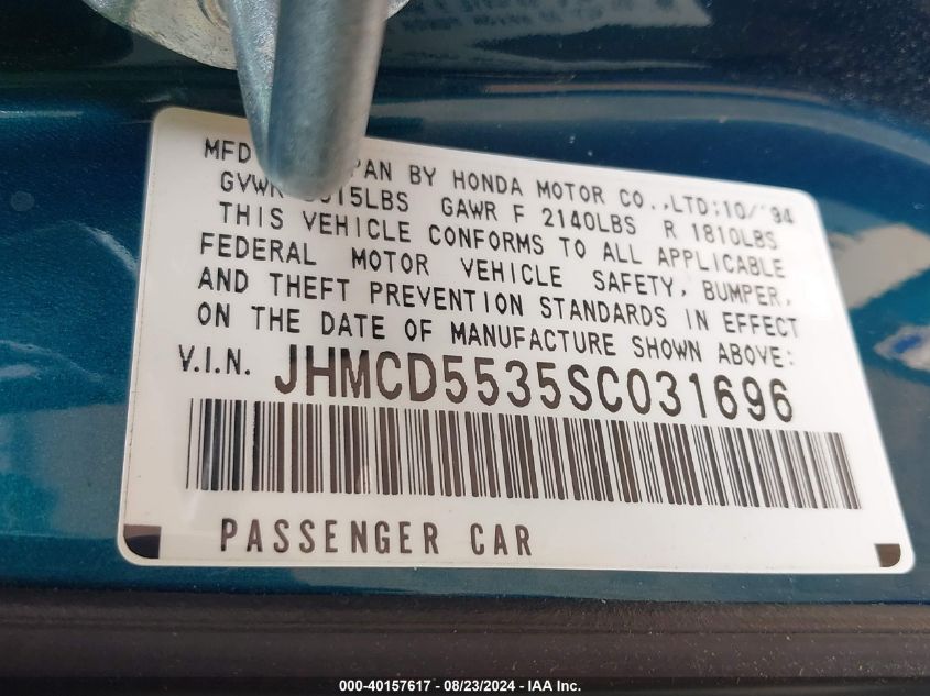 1995 Honda Accord Lx VIN: JHMCD5535SC031696 Lot: 40157617