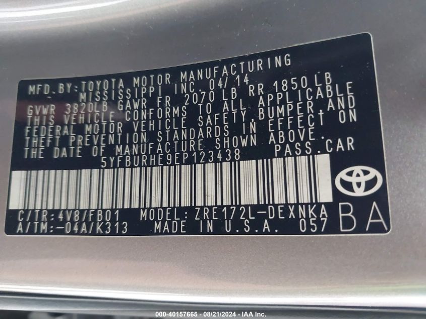 2014 TOYOTA COROLLA LE PLUS - 5YFBURHE9EP123438