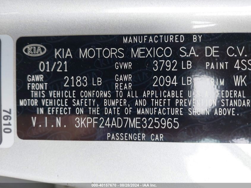 2021 Kia Forte Lxs VIN: 3KPF24AD7ME325965 Lot: 40157670