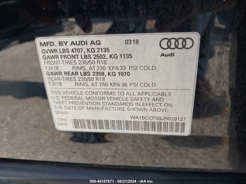 2018 Audi Q3 Premium VIN: WA1BCCFS0JR029127 Lot: 40157671