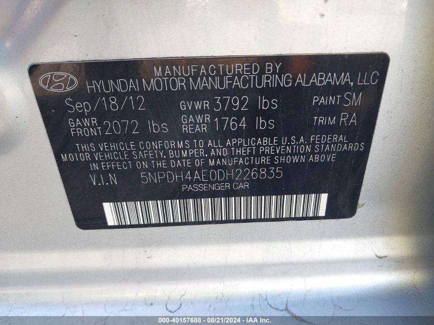 5NPDH4AE0DH226835 2013 Hyundai Elantra Gls