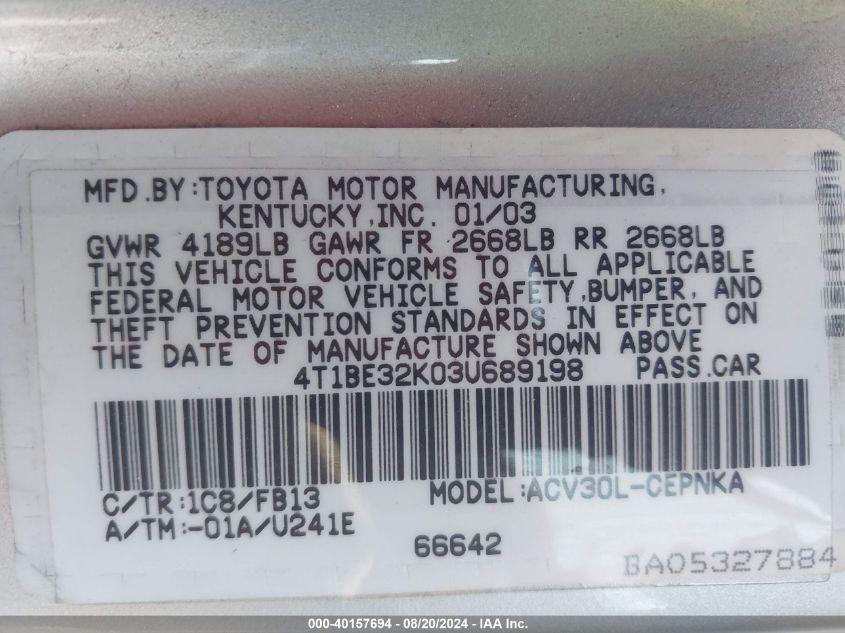 2003 Toyota Camry Le VIN: 4T1BE32K03U689198 Lot: 40157694