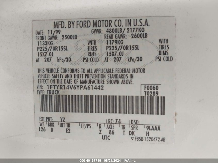 2000 Ford Ranger Xl/Xlt VIN: 1FTYR14V6YPA61442 Lot: 40157719