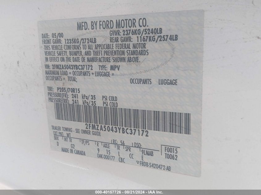 2FMZA5043YBC37172 2000 Ford Windstar