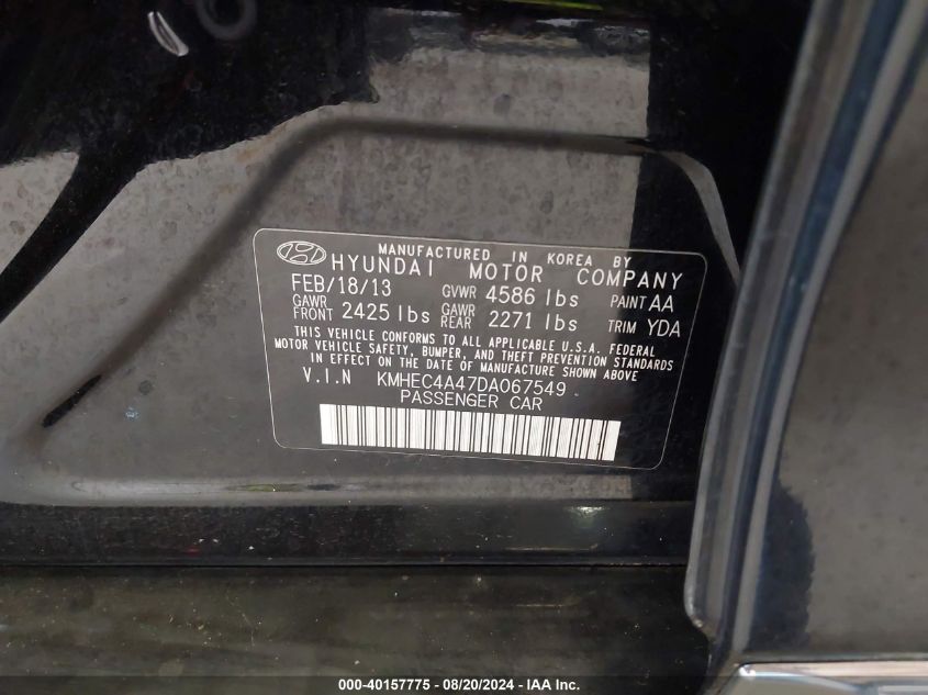 KMHEC4A47DA067549 2013 Hyundai Sonata Hybrid Limited