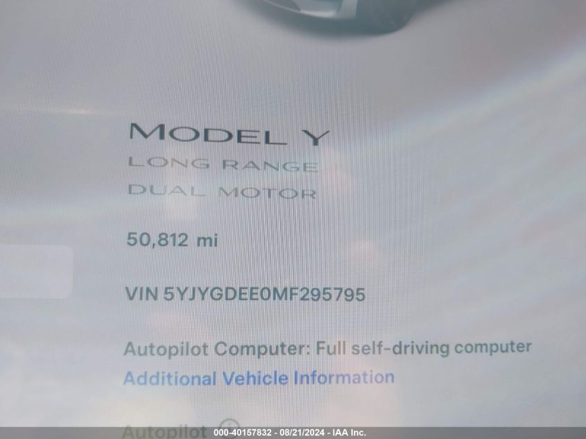 2021 Tesla Model Y VIN: 5YJYGDEE0MF295795 Lot: 40157832