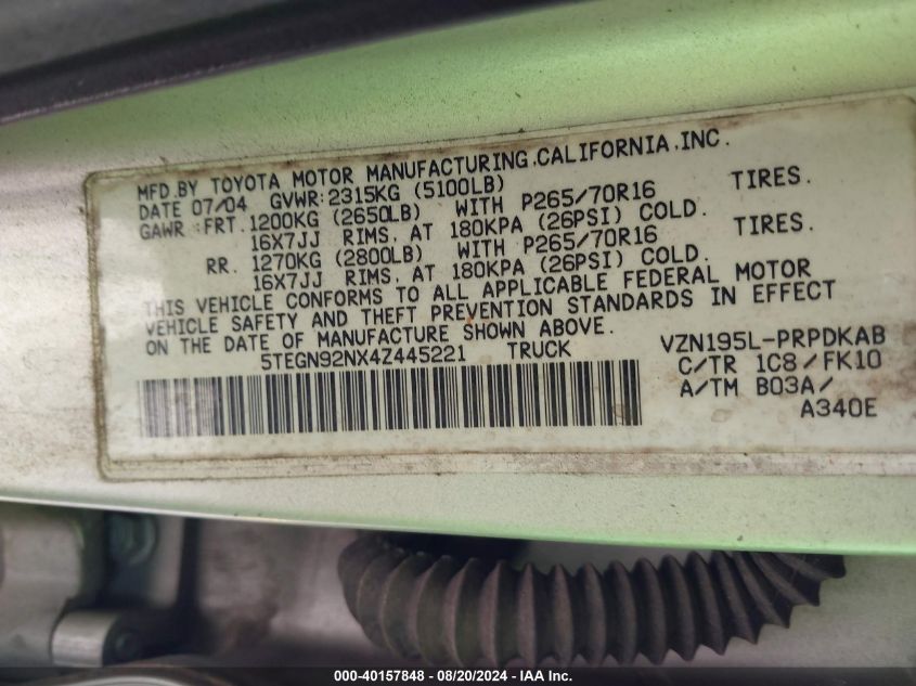 2004 Toyota Tacoma Prerunner V6 VIN: 5TEGN92NX4Z445221 Lot: 40157848