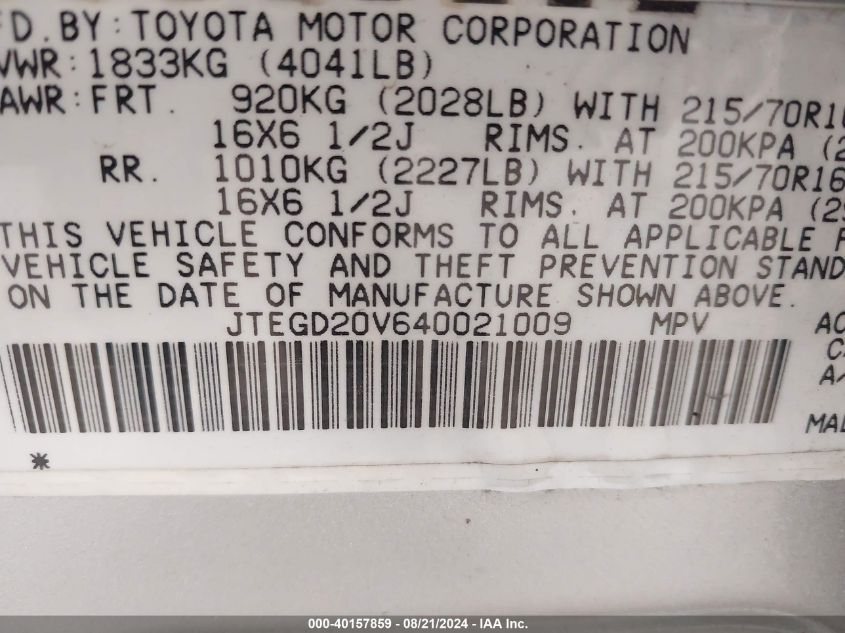 2004 Toyota Rav4 VIN: JTEGD20V640021009 Lot: 40157859