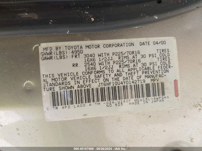 JT6HF10U4Y0142719 2000 Lexus Rx 300