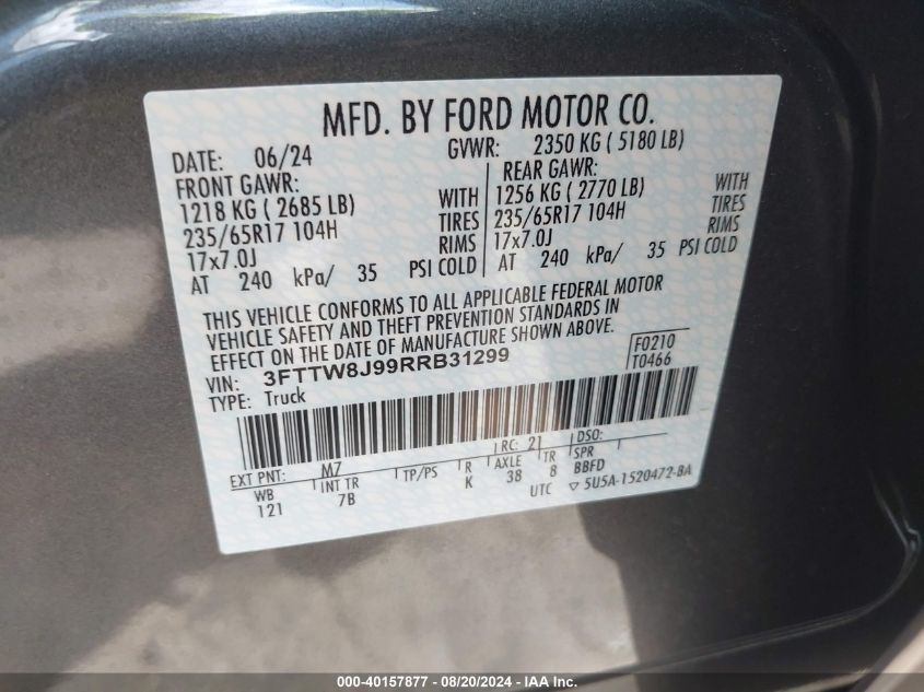 2024 Ford Maverick Xlt VIN: 3FTTW8J99RRB31299 Lot: 40157877