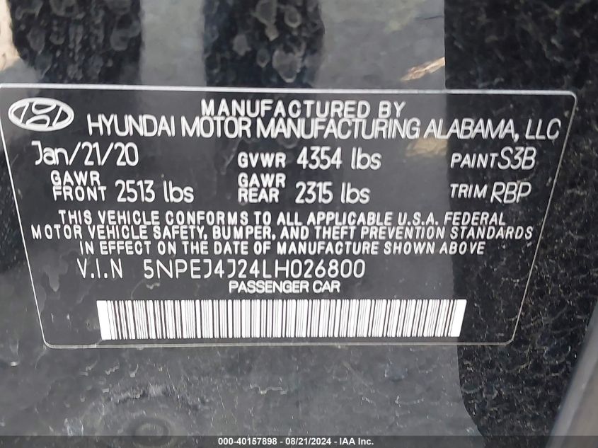 5NPEJ4J24LH026800 2020 Hyundai Sonata Sel Plus