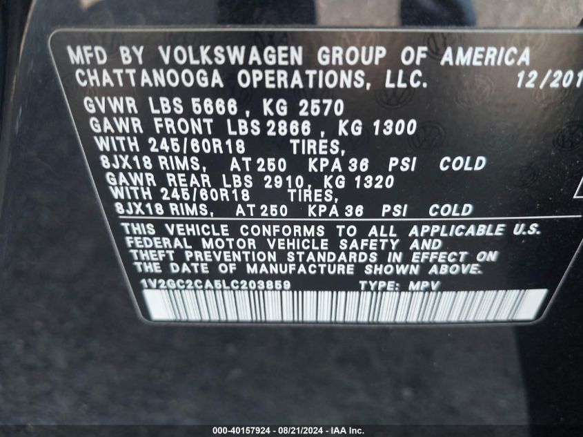 2020 Volkswagen Atlas Cross Sport S VIN: 1V2GC2CA5LC203859 Lot: 40157924