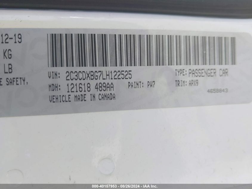 VIN 2C3CDXBG7LH122525 2020 DODGE CHARGER SXT RWD