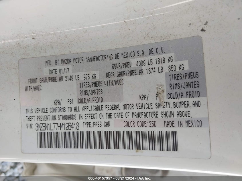VIN 3MZBN1L77HM126418 2017 MAZDA MAZDA3 TOURING