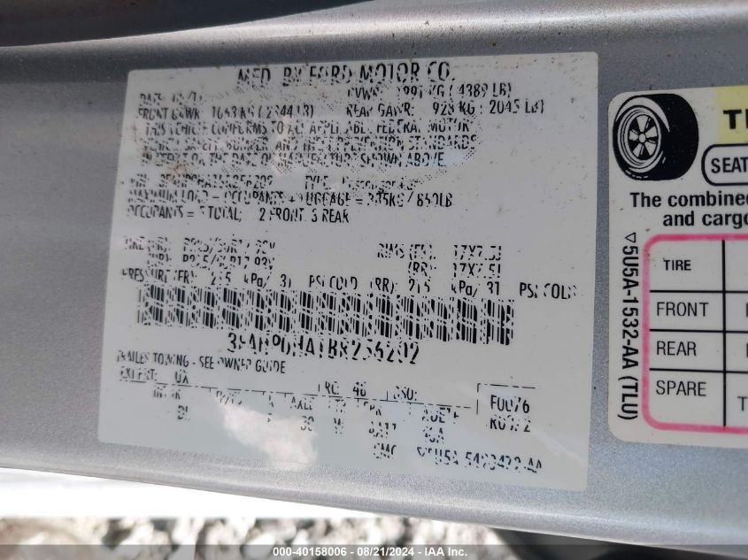 2011 Ford Fusion Se VIN: 3FAHP0HA1BR256202 Lot: 40158006