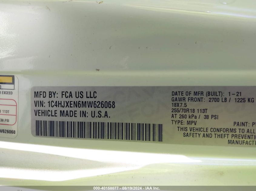2021 Jeep Wrangler Unlimited Sahara 4X4 VIN: 1C4HJXEN6MW626068 Lot: 40158077