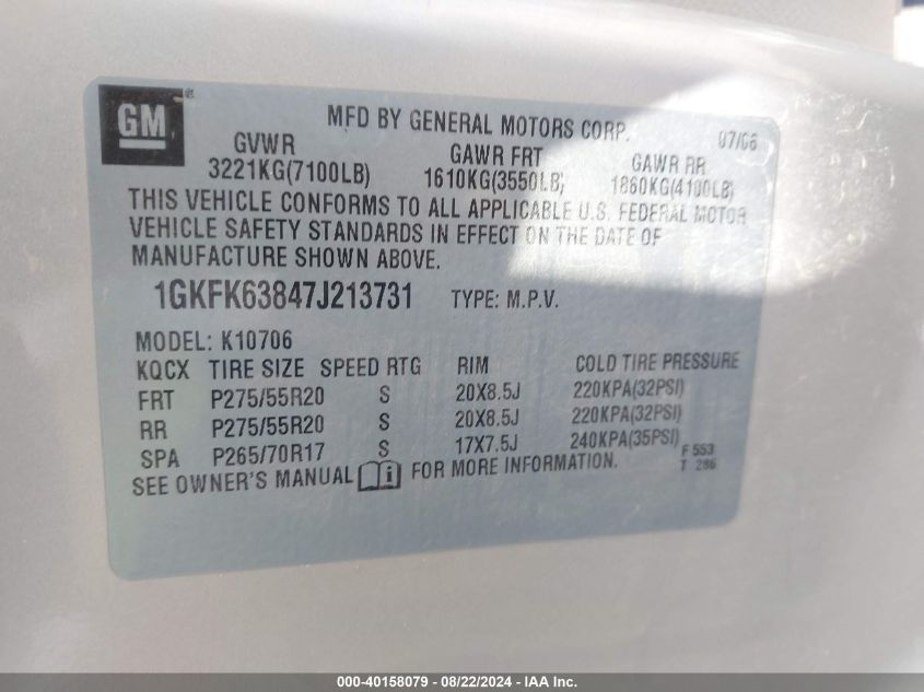 2007 GMC Yukon Denali VIN: 1GKFK63847J213731 Lot: 40158079