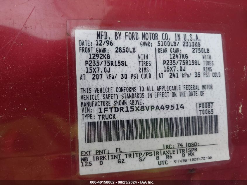 1997 Ford Ranger Splash/Stx/Xlt VIN: 1FTDR15X8VPA49514 Lot: 40158082